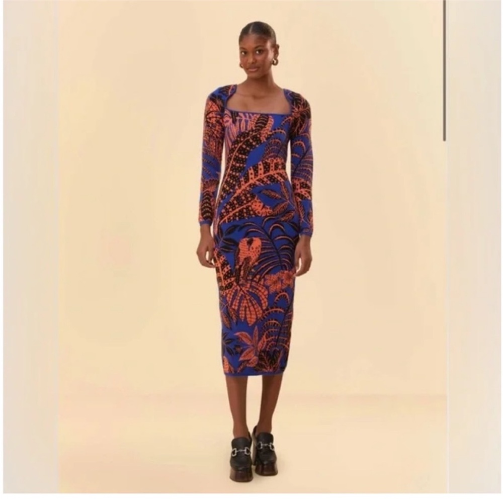 Farm Rio Blue Tropical Gold Long Sleeve Dress
